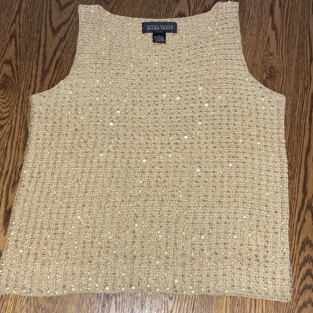 Linda Allard Ellen Tracy Champagne Gold Color Sequin Women's Size L Tank Top - Picture 8 of 8